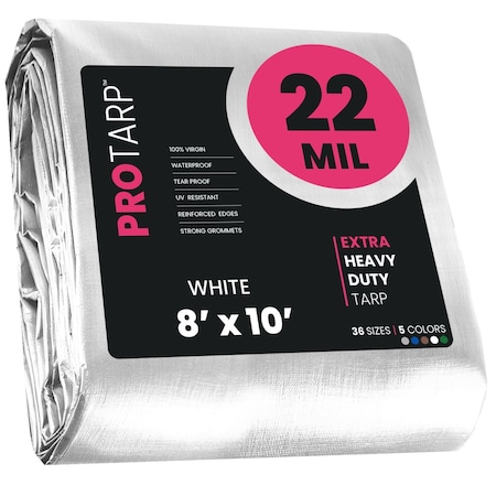 Protarp Heavy Duty Tarp, 8 ft x 10 ft, 22 Mil, White, Polyethylene, Waterproof, Rip and Tear Proof PT-204-8X10